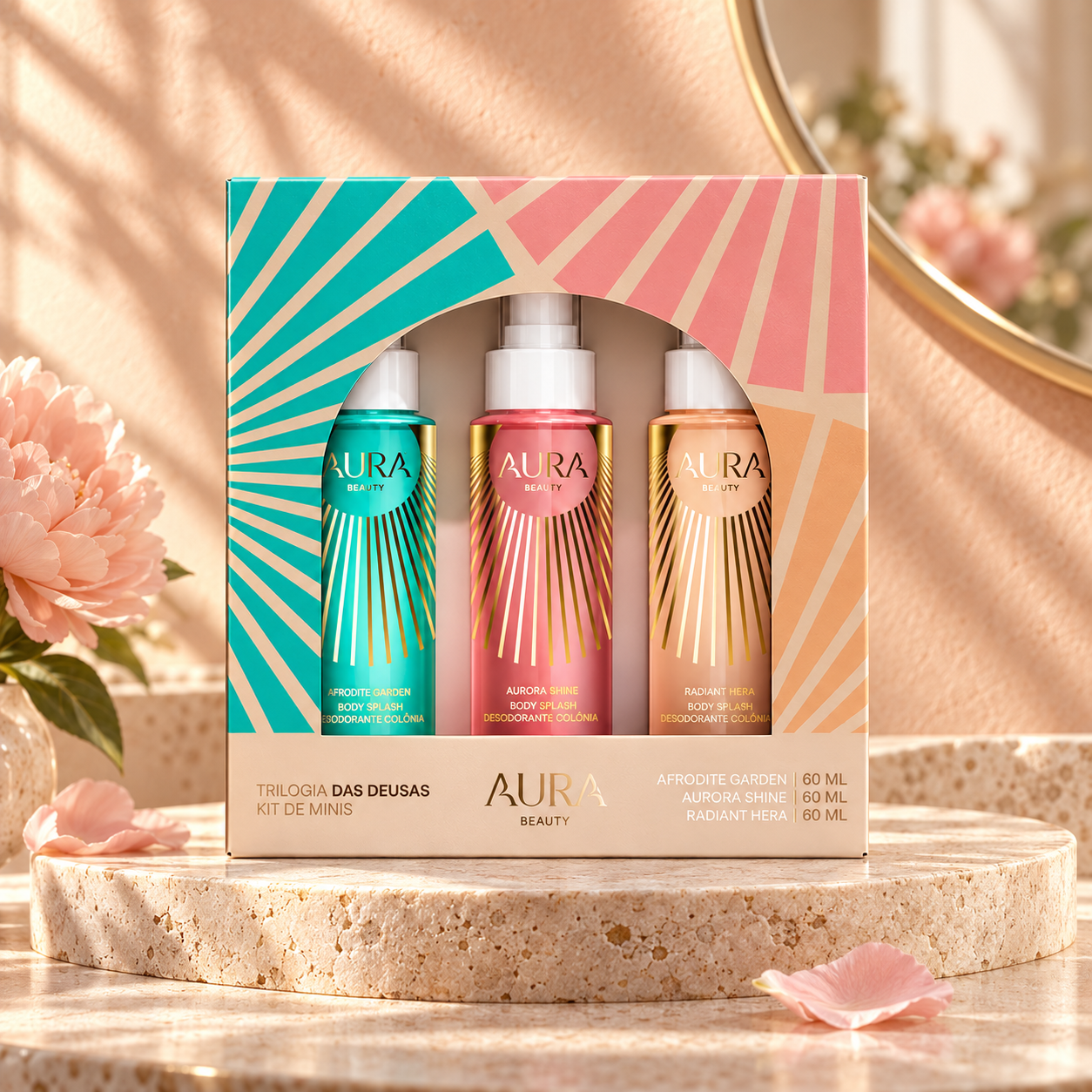 Embalagem do Kit Mini Body Splash Trilogia das Deusas